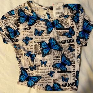 Faded Rose Blue Butterfly News lace back Junior crop top Size Small NWT